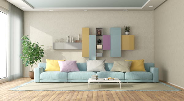 nowoczesny salon w pastelowych kolorach