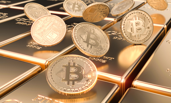 kilka, bitcoin, motes, na, sztabkach, złota - 27670314